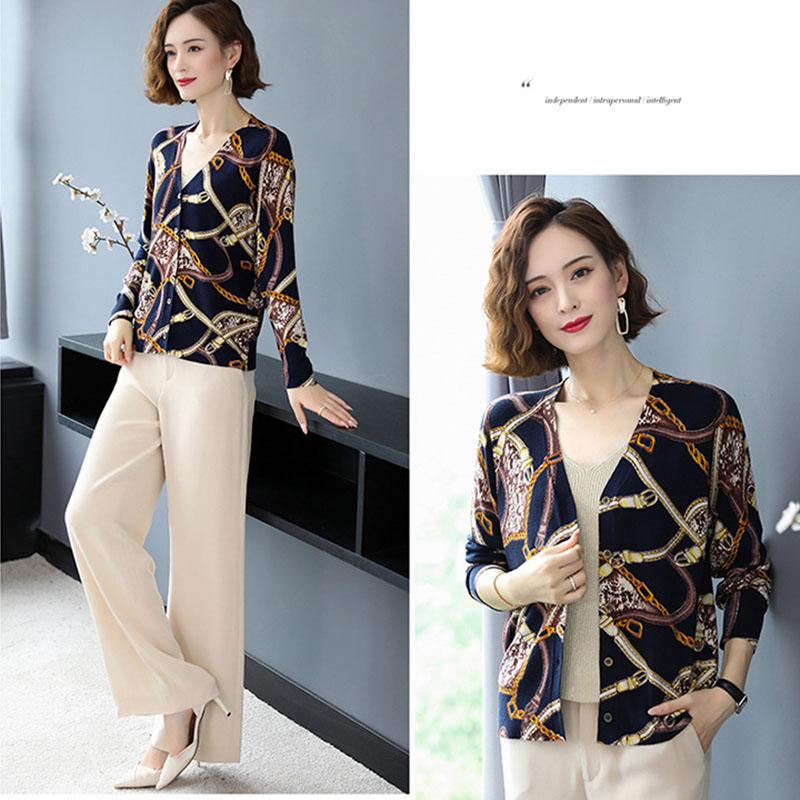 Women Printed  Cardigan Sweater Autumn Winter Long Sleeve V-Neck Casual Knitted Cardigan Elegant Female Tops Knit Jacket Coat