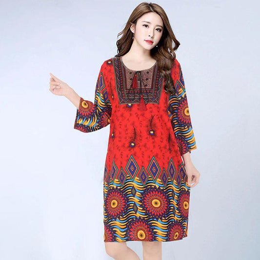 Retro Ethnic Women's Round Neck Floral Print Casual Loose Mid-length Dress Cotton Silk Dress Summer Round Neck Slim Beach Travel Dress