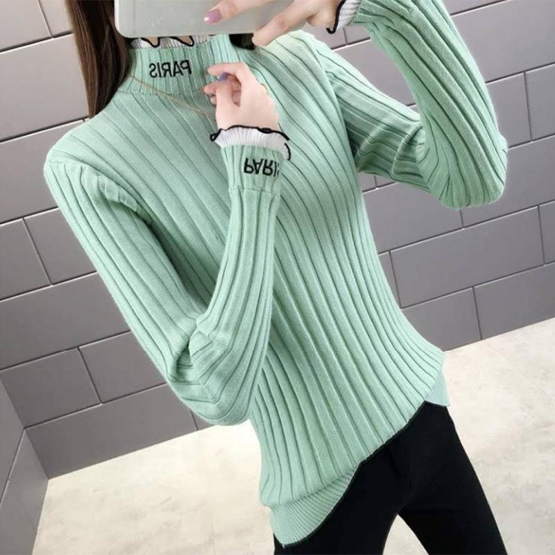 Women's Green Lace Turtleneck Pullover Sweater Winter Bottoming Fake Two Slim Knitted Sweaters Warm