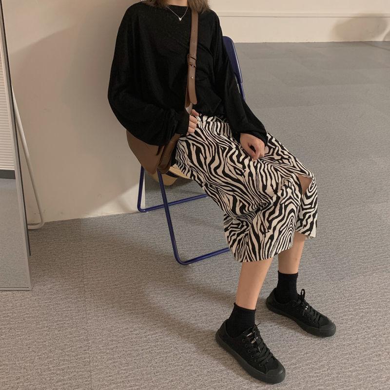 Retro Zebra Patter Skirt Female Spring and Autumn All-match Temperament High Waist Split A-line Skirt Mid-length