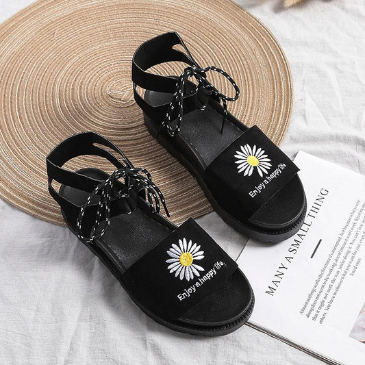 Net Red Daisy Sandals Korean Style All-match Summer Shoes for Students New Lace-up Roman Women's Shoes