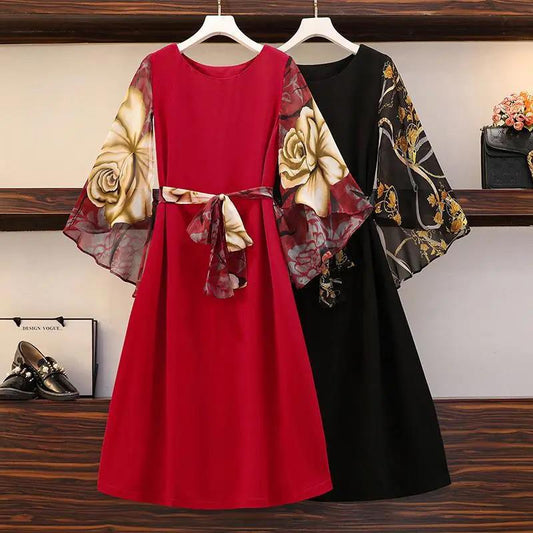 Floral Print L-XXXXXL Women's Summer Dress Round Neck Chiffon Sleeves Printing Mid-length Daily Wear