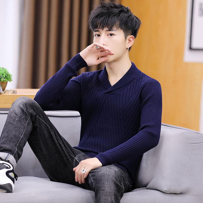Fall/Winter Men's Lapel Sweater Fashion Personality Knitwear Pure Color Long Sleeve Youth Base Shirt