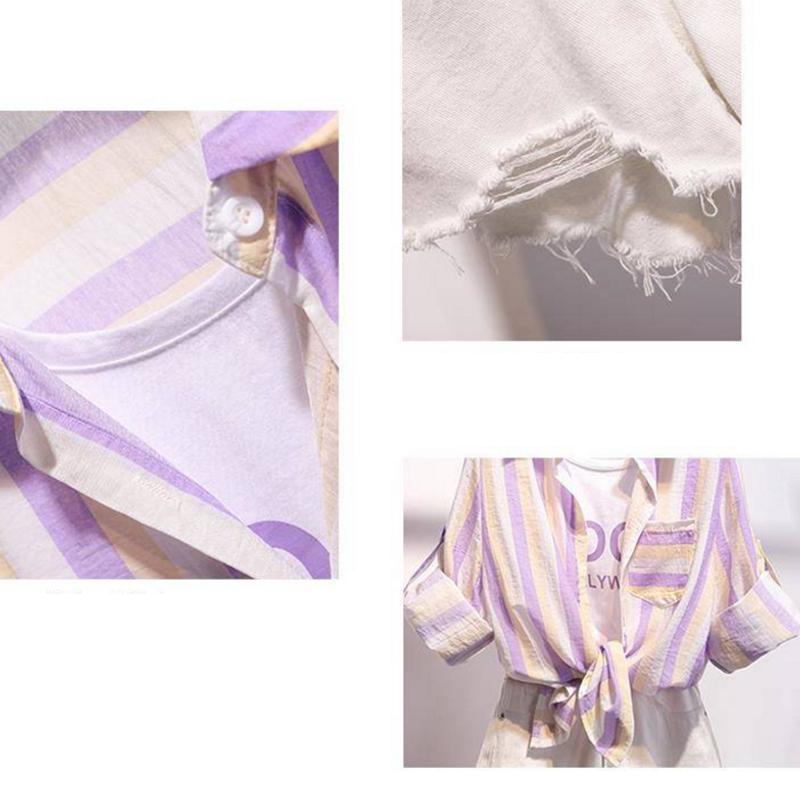 Pofulove Women Fake Two-piece Striped Shirt Hole Denim Shorts Two-piece High-waist Shorts Set Summer