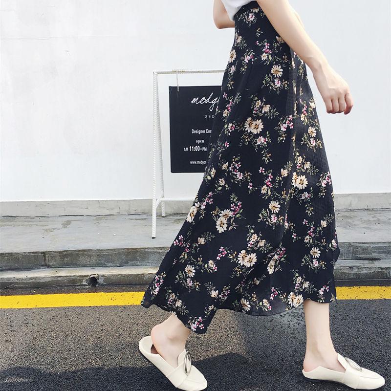 Vintage Floral Print Pockets All-match Women Long Half Length Skirt Autumn Loose Casual Female Skirt