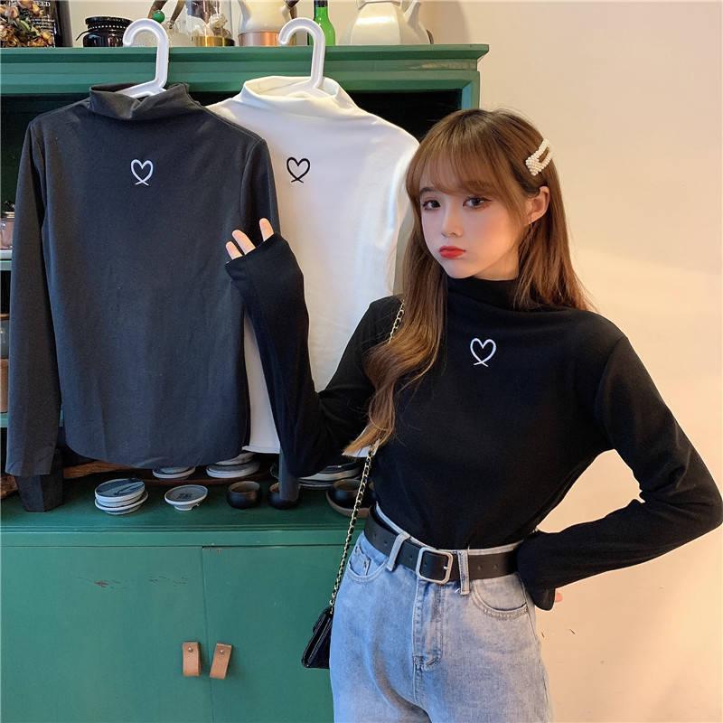 Pofulove Half-high Collar Plus Velvet Winter New Students Slim Warm Inner Long-sleeved Women
