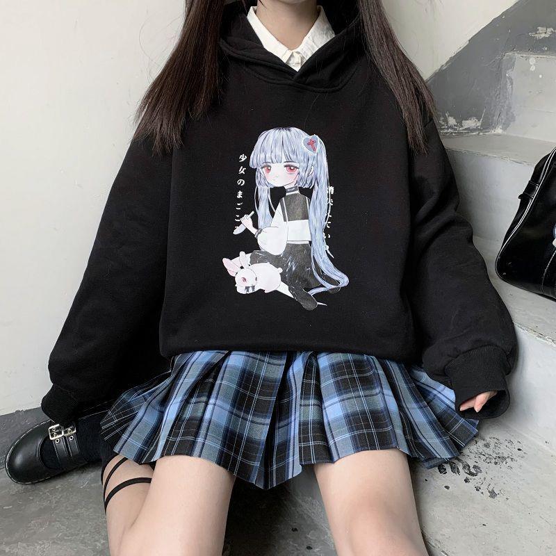 Anime Hoodies Japanese Oversized Loose Harajuku Sweatshirts Thick Fleece Fall Winter Pullovers Top Clothes Black Plus Size Fashion Streetwear Coat
