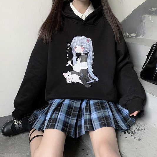 Anime Hoodies Japanese Oversized Loose Harajuku Sweatshirts Thick Fleece Fall Winter Pullovers Top Clothes Black Plus Size Fashion Streetwear Coat