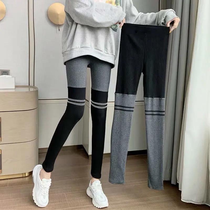 Plus Velvet High Waist Stitching Contrast Color Leggings Women Wear All-match Thin Elastic Feet Pants