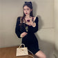 Girl Retro Elegant Temperament Waist Was Thinner Shoulder Lace Knitted Dress Autumn  Winter