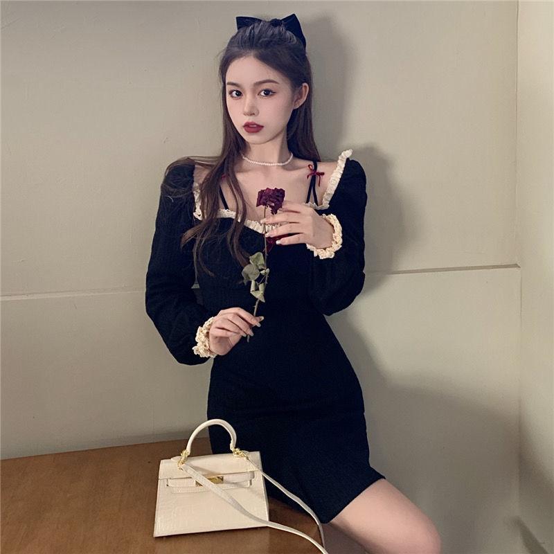 Girl Retro Elegant Temperament Waist Was Thinner Shoulder Lace Knitted Dress Autumn  Winter