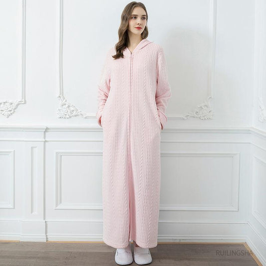 Nightgown Women Autumn and Winter Long Coral Fleece Thick Warm Flannel Bathrobe Zipper Pajamas Dress Age Reduction Cute Style