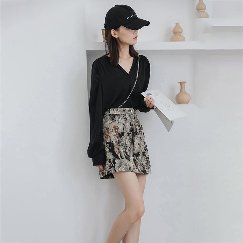 A-line Skirt Embroidered Cat Print Women Sexy Tight Hip Short Skirt Knee-length  Zipper Club Home Office Casual