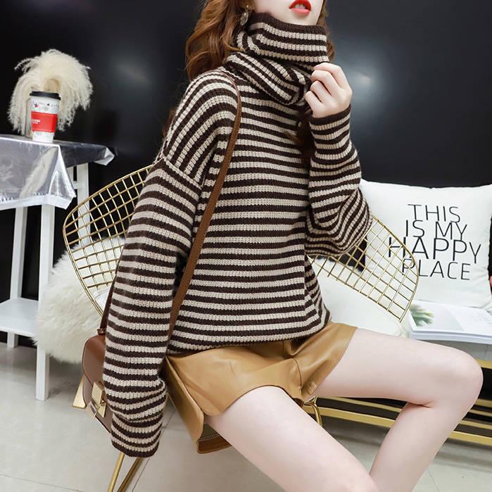 Women contrast striped sweater winter Turtleneck Pullover long sleeve female students loose knitwear