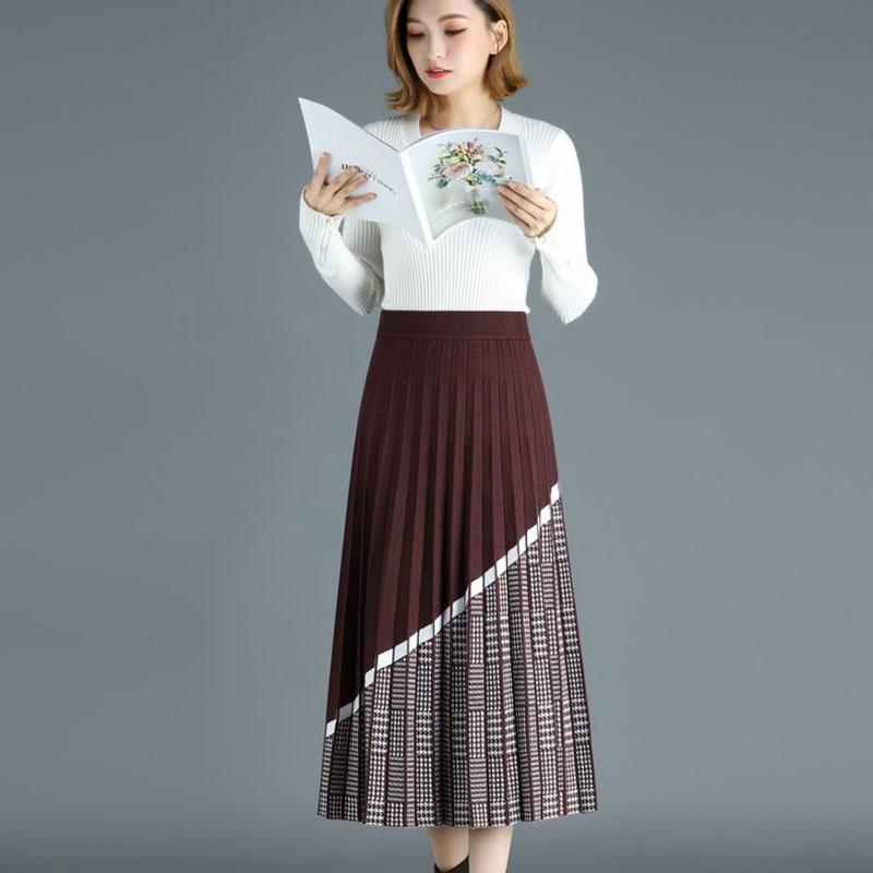 Women's Knitted Skirt Autumn and Winter Thick Retro Knit A-line Skirt High Waist Long Knitted Pleated Skirt Thousand Island Grid Stitching