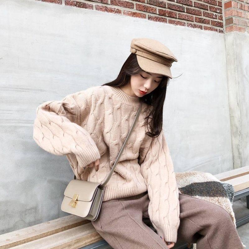 New loose sweater autumn and winter twist round neck pullover solid color long-sleeved sweater women
