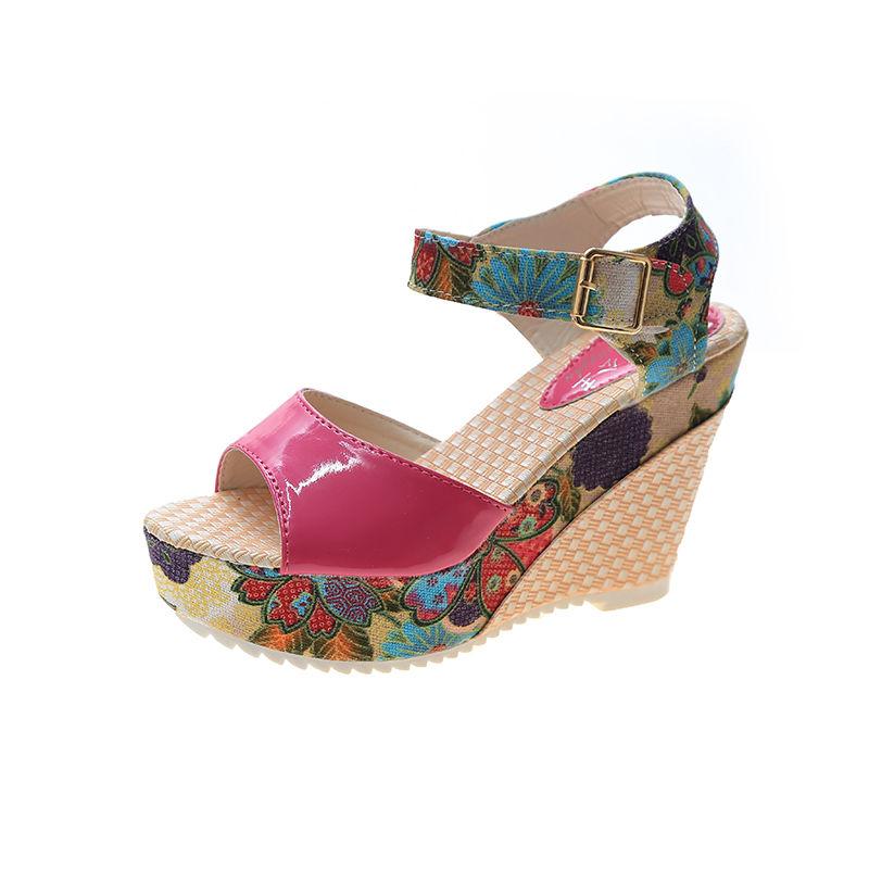 Color Matching Flower High Heels Summer Open Toe Women's Shoes Women's Sandals Wedges  Buckle Belt Everyday All-match Shoes Women