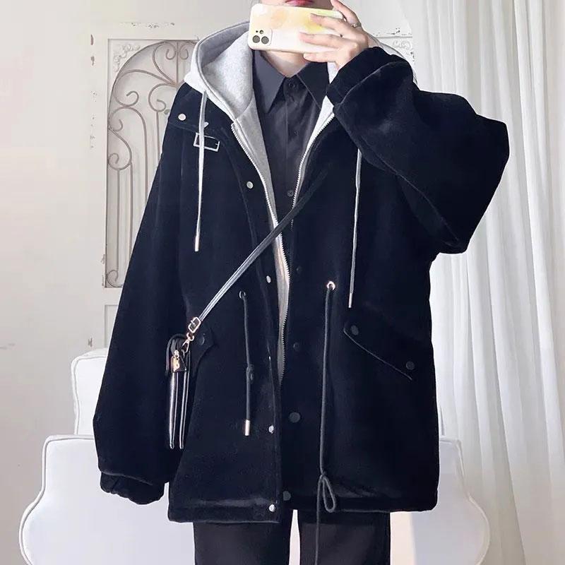 Fake Two-piece Velvet Thick Jacket Youth Hooded Zipper Cardigan Unisex Autumn and Winter Windbreaker Loose Casual Thick Coat
