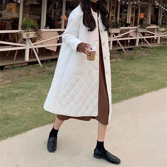 White Cotton-padded Jacket Women's Winter Loose Korean Style Cotton-padded Jacket Mid-length Diamond Cotton Jacket