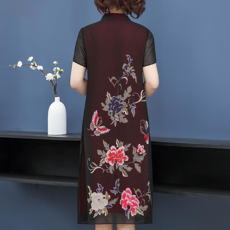 XXL-XXXXXL Plus Size Chinese Style Cheongsam Summer Chiffon Dress Knee-length Printed Over-the-knee Skirt