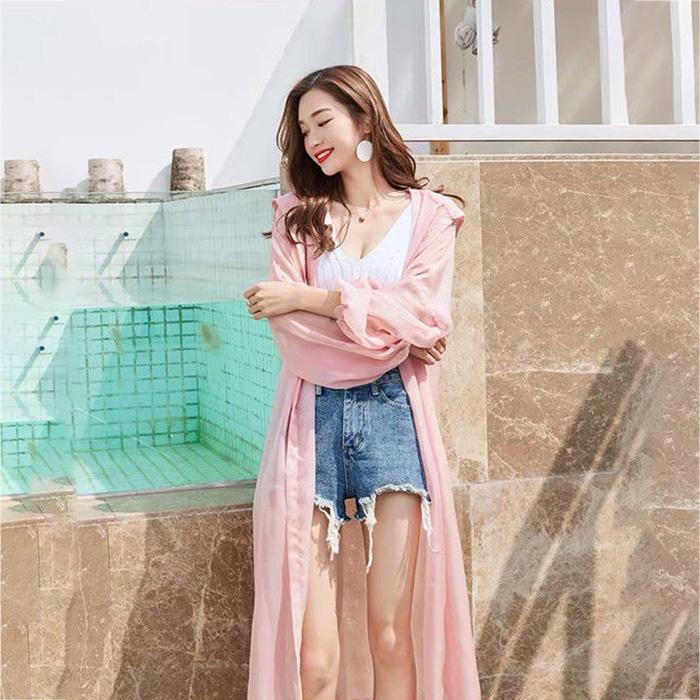 Hooded Chiffon Cardigan Women's Sun Protection Clothing Sun-Dress Plus Size Shawl Loose Outer Thin Coat Beach
