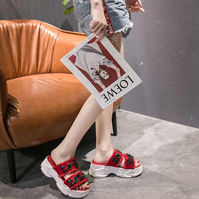 Size35-39 Summer Women Slippers Bohemian Beach Wear-resistant Non-slip Slippers Wedge Platform Rhinestone Sandals Outdoor Crystal High Heels