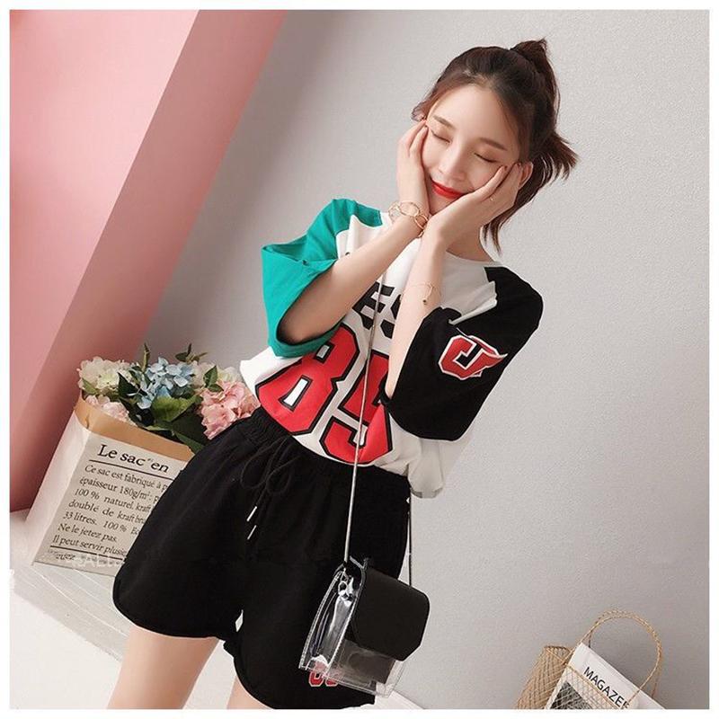 Two-piece Sportswear Suit Women's Summer Suit Round Neck Short-sleeved Top Loose Shorts Summer Ladies Suit Sweet and Cute