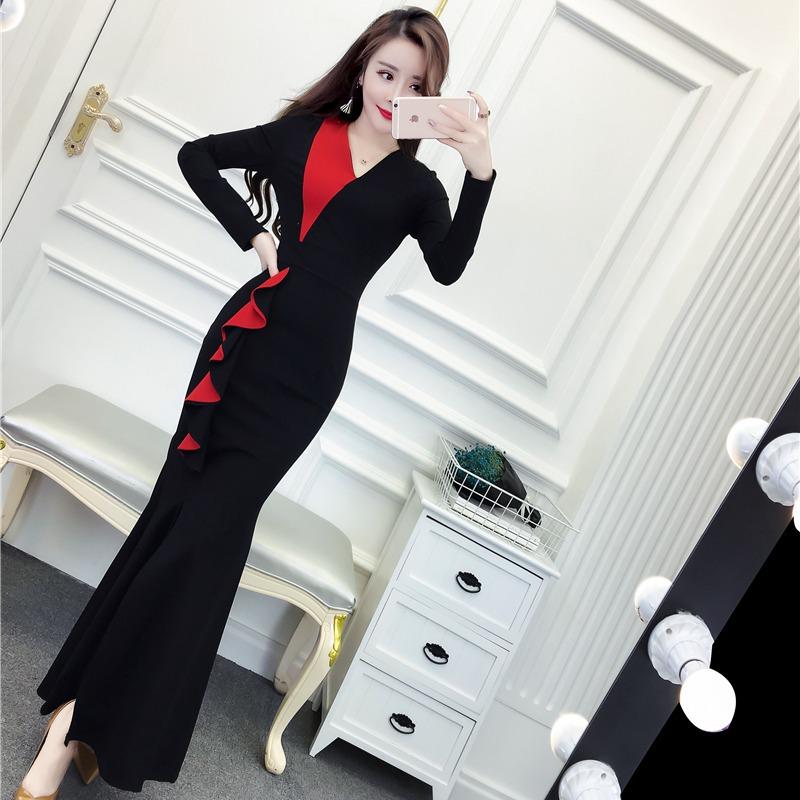 Women Elegant Long Sleeve Patchwork Casual Party Work Office Fitted Stretch Slim Bodycon Dress