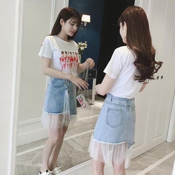 Women Summer Denim Stitching Mesh Tassel Irregular Short Skirt Vintage Slim Elegant Streetwear A-line Casual Skirt
