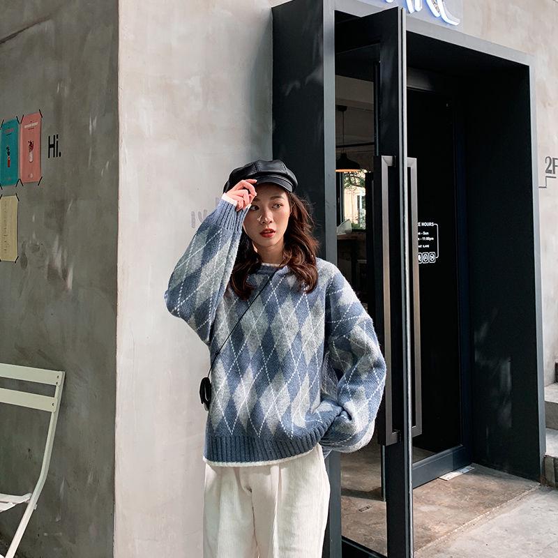Autumn Winter Vintage Rhombus Plaid Sweater Women Thick Warm Loose Pullover Sweater Tops Bottoming /outwear