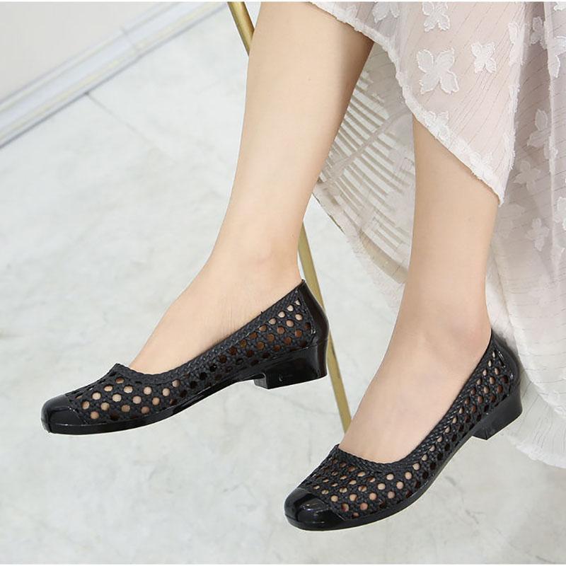 Sandals Ladies Hollow Soft Sole Casual Wear Hole Shoes Shallow Mouth Work Non-slip Beach Slope Heel Sandals and Slippers