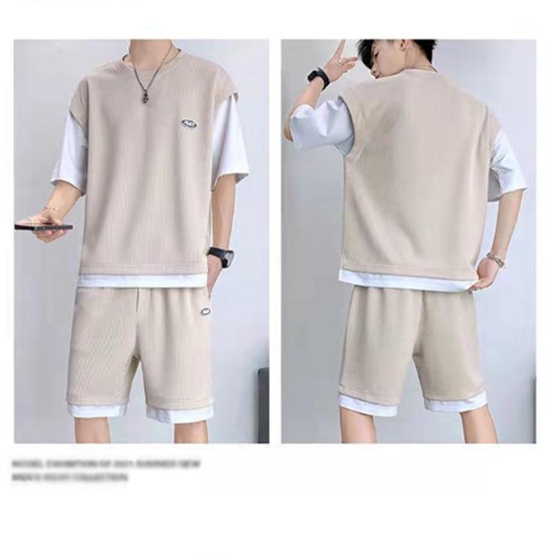 Summer Youth Large Size Leisure Sports Loose Five-point Shorts Suit Male Fake Two-piece Student Short-sleeved Two-piece Suit