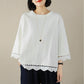 Cotton T-shirt Women's Round Neck Versatile Floral Hollow Out Thin Large Size Loose Three-quarter Sleeve Bottoming Shirt