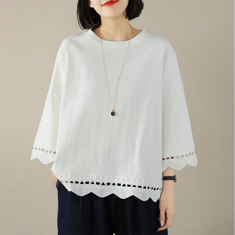 Cotton T-shirt Women's Round Neck Versatile Floral Hollow Out Thin Large Size Loose Three-quarter Sleeve Bottoming Shirt