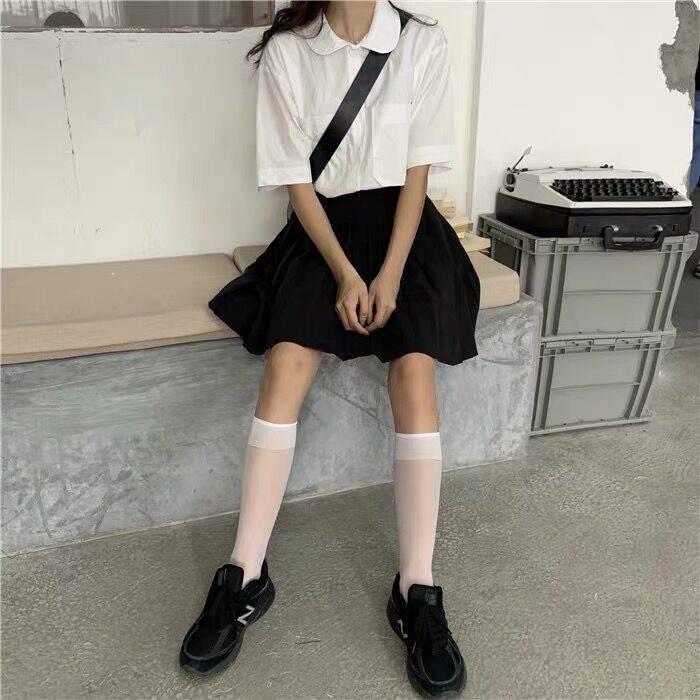 Women Large Size Elastic High Waist Thin Pleated Skirt Anti-light Student Sexy Black A-line Skirt