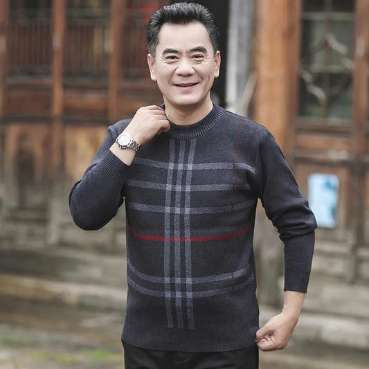 Autumn and Winter Round Neck Sweater Plus Velvet Warm Bottoming Shirt Round Neck Pullover Sweater Suitable for Middle-aged and Elderly Men