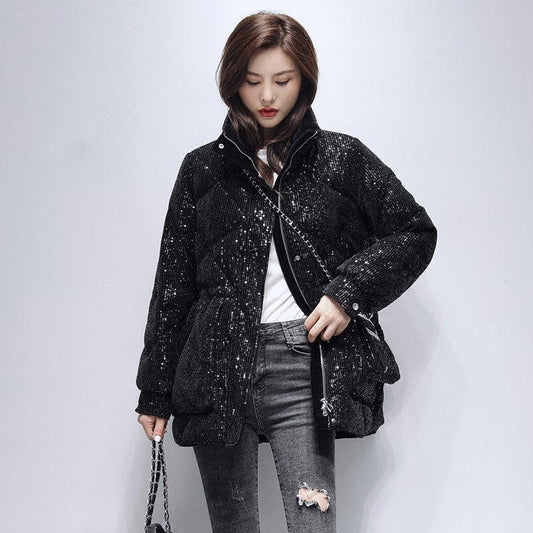 Design Niche Sequined Down Jacket Women's Mid-length Autumn and Winter Fashion Korean Style Jacket