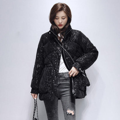 Design Niche Sequined Down Jacket Women's Mid-length Autumn and Winter Fashion Korean Style Jacket