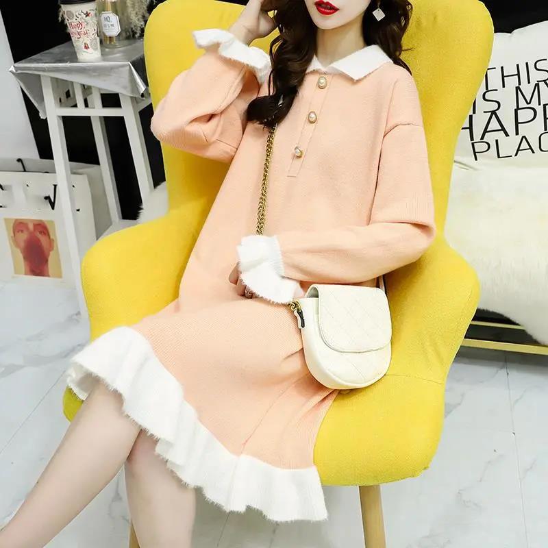 Sweater Skirt Mid-length Autumn and Winter Loose Knitted Dress Doll Collar Jacket Women Winter Knit Sweater Women Sweet and Cute