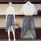 Fashion  2 Piece Set Skirt and Tops Plus Size Women Summer Pleated Short-sleeve Shirt Asymmetric Denim Skirt Two-piece Set