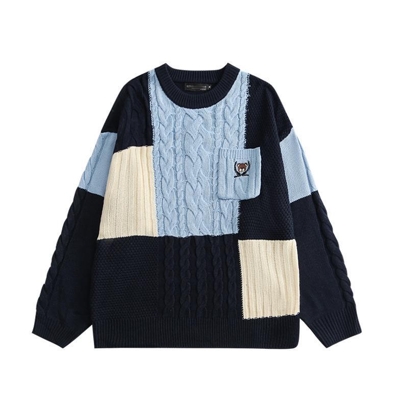 The New Japanese Autumn and Winter Retro College Style Bear Color Matching Sweater for Men and Women Students Couples Knit Sweater Jacket Men