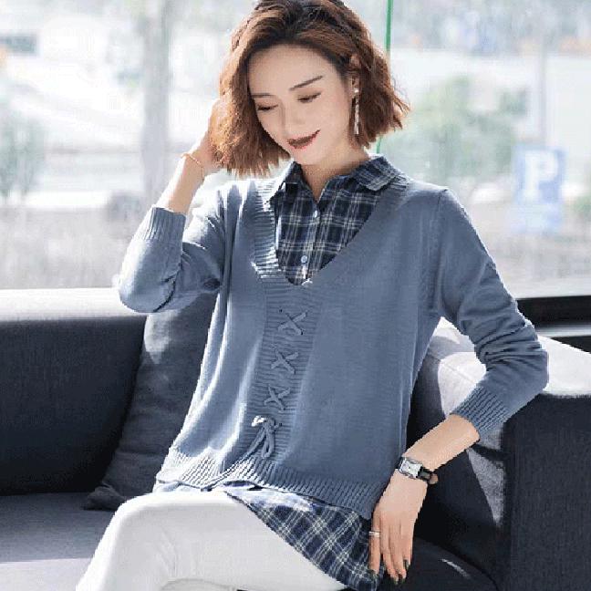 Autumn Winter Lapel Fake Two-piece Sweater Women Loose Pullover Sweater Outer Wear Plaid Stitching Knitted Sweater Top