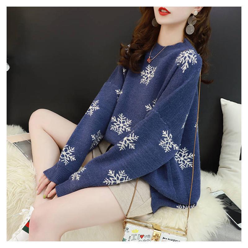 Pofulove Mid-length Cute Sweet Snowflake Polka Dot Sweater Solid Loose Round Neck Pullover