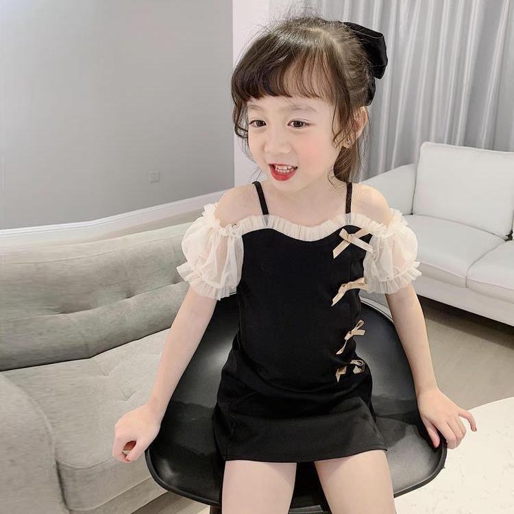 Children Dress Girls' Summer Dress Korean Sweet Casual Dress Bowknot Mesh Suspender Dress Ruffle Shoulder