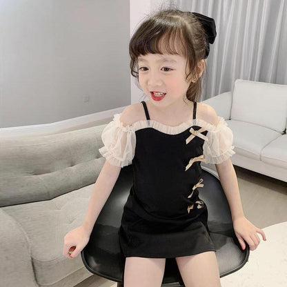 Children Dress Girls' Summer Dress Korean Sweet Casual Dress Bowknot Mesh Suspender Dress Ruffle Shoulder
