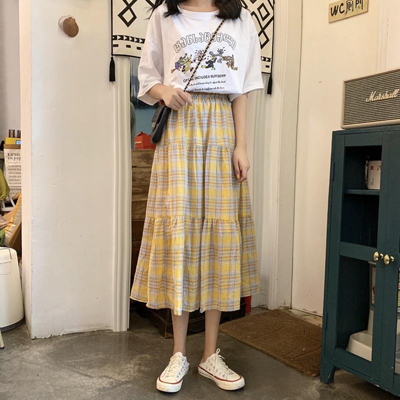 Plaid Long Skirt Women Cotton Linen Skirts Casual Women Pleated Maxi Skirts Stretch Waist Elegant