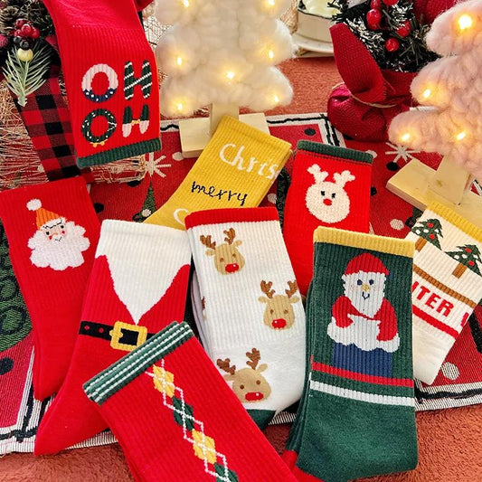 Five Pairs of Red Christmas Socks Long Tube All-match Cute Cartoon Cotton Socks
