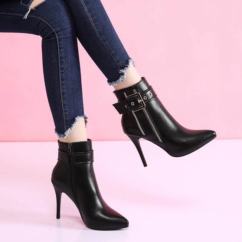Women Mid Calf Boots Pointed Toe Zippers Martin Casual Lace-up High Heel Boots Ankle Boot Winter