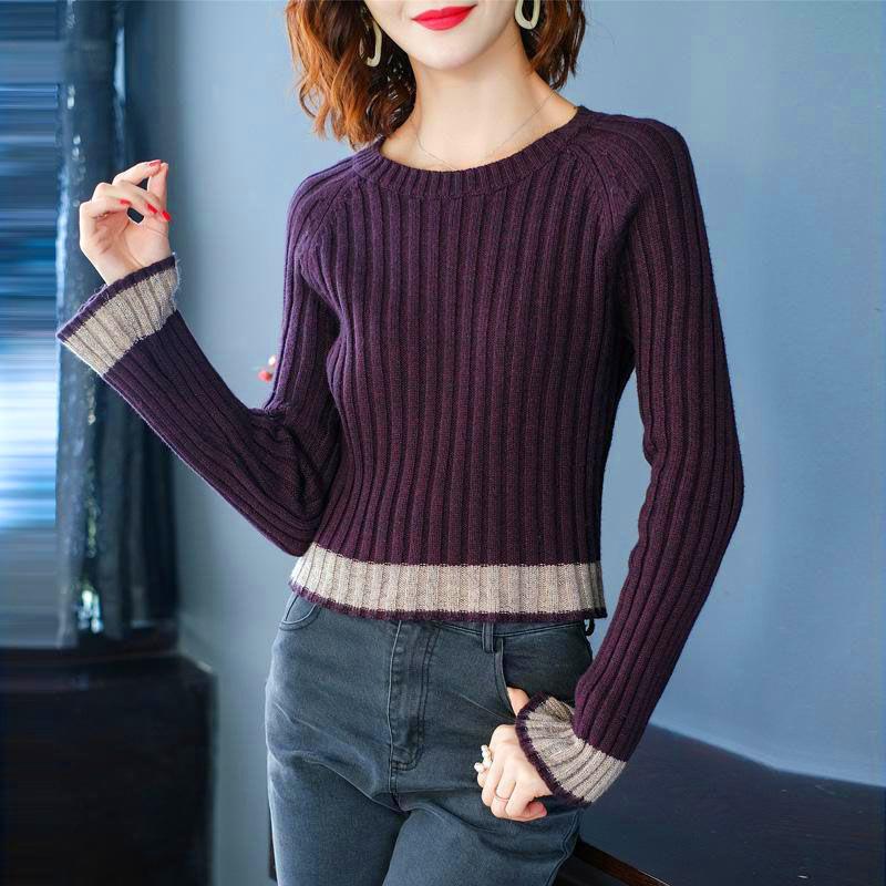 Short Round Neck Knit Bottoming Shirt Sweater Women Spring and Autumn Elastic Slim Fit Jacket Long Sleeves Western Style