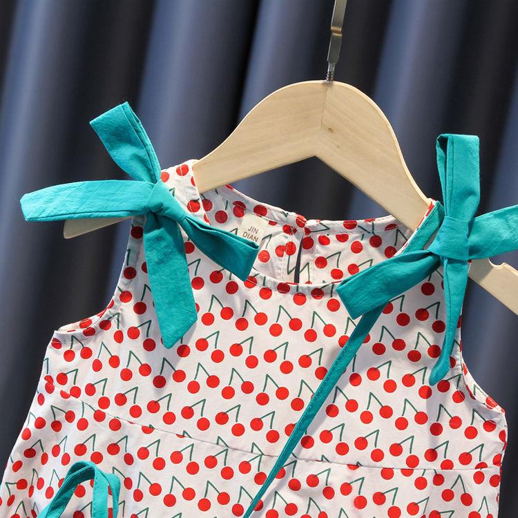 Children Dress Girls' Summer Thin Drawstring Dress Floral Printing Sleeveless Bow Ruffle Princess Dress
